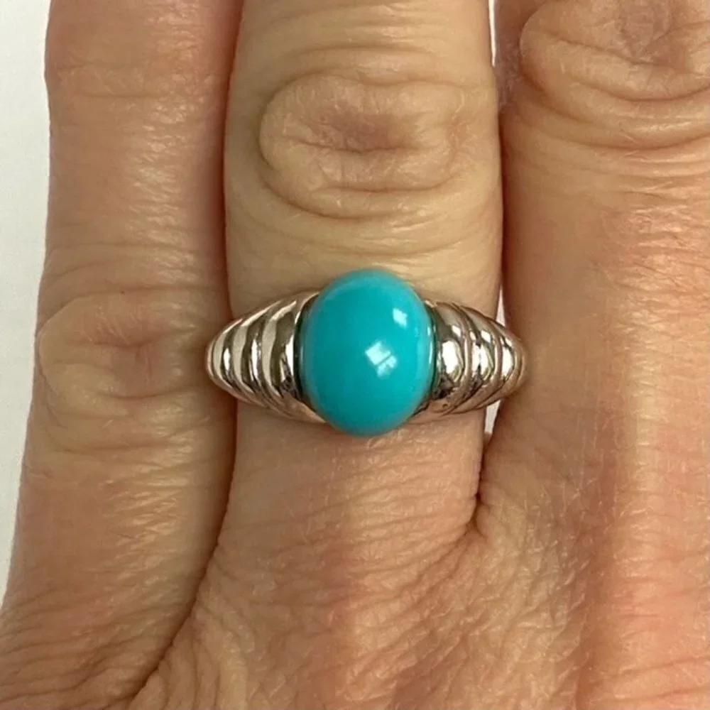Sterling Silver 925 Modernist Oval Faux Turquoise Tapered Shank Ring Sz 5.25